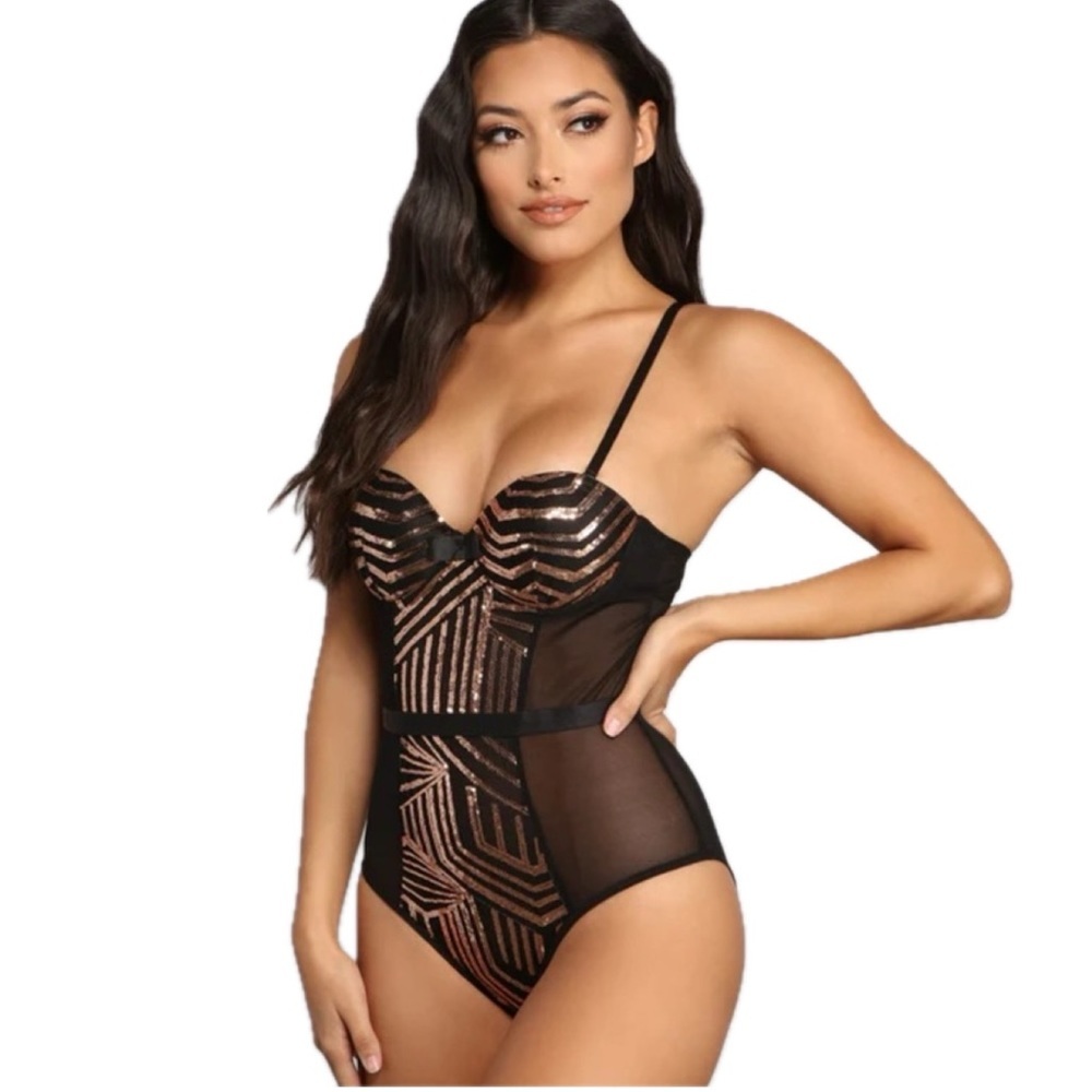 Dreamy Sequin Mesh Bodysuit SECRET LACE Gold Sequin Panel